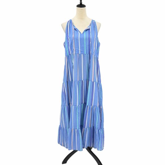 Destination 365 QVC Blue Stripe Tiered Sleeveless Breezy Cotton Maxi Dress - Picture 2 of 11